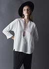 Arts & Science Pale Gray Embroidered Blouse, Drawstring Black Pants